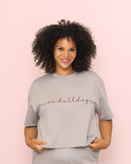 Mississippi State "MSU Bulldogs" (Licensed) | Women's Buttery Soft Crop Tee (Gray)