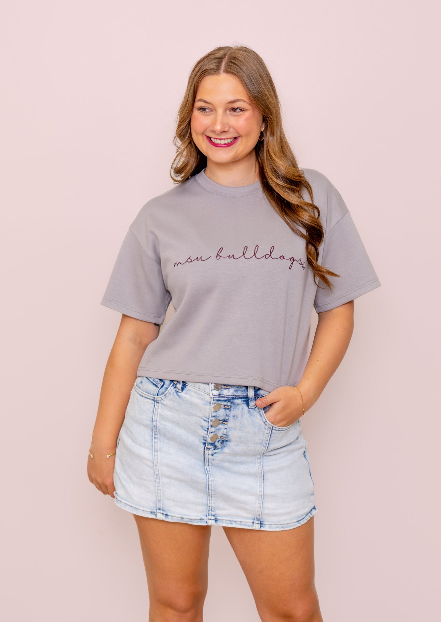 Mississippi State "MSU Bulldogs" (Licensed) | Women's Buttery Soft Crop Tee (Gray)