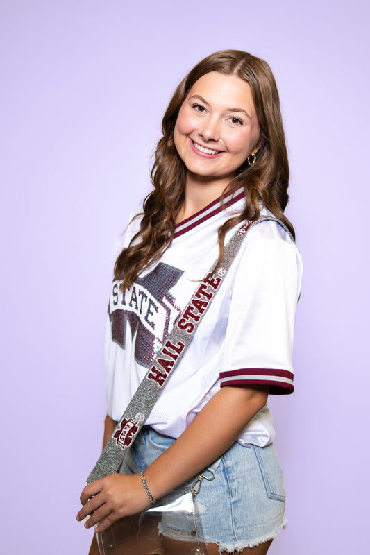 Wholesale | Mississippi State University HAIL STATE (LICENSED) | Custom Beaded Purse Strap (Grey) | Style: PSGMSU008