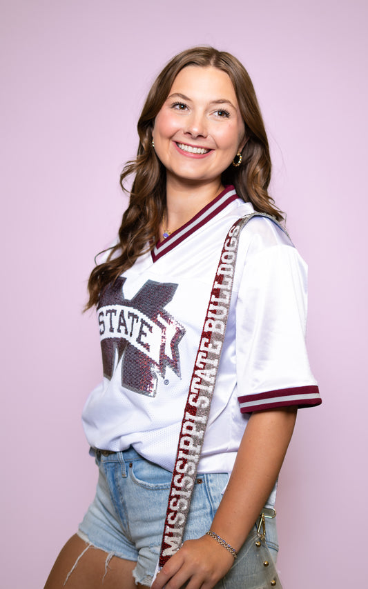 Wholesale | Mississippi State Bulldogs Two-Tone (LICENSED) | Custom Beaded Purse Strap (Grey/Maroon) | Style: PSGMSU010