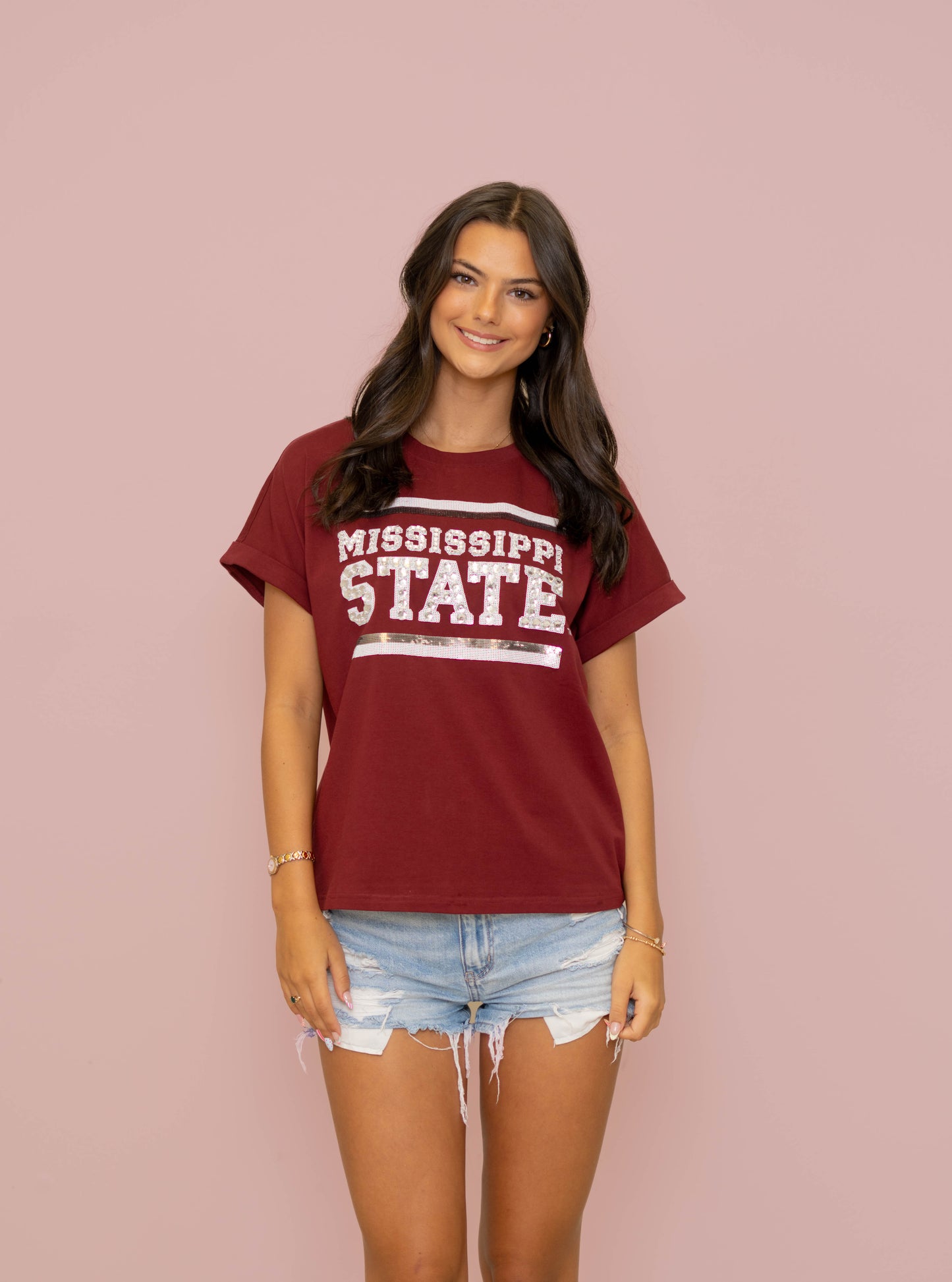 Wholesale | Mississippi State (LICENSED) | Women's Sequin + Jewel Design Cuff Sleeve (Maroon)