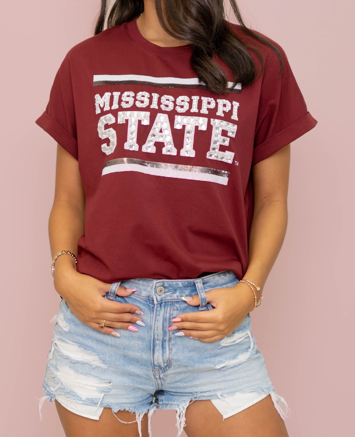 Wholesale | Mississippi State (LICENSED) | Women's Sequin + Jewel Design Cuff Sleeve (Maroon)