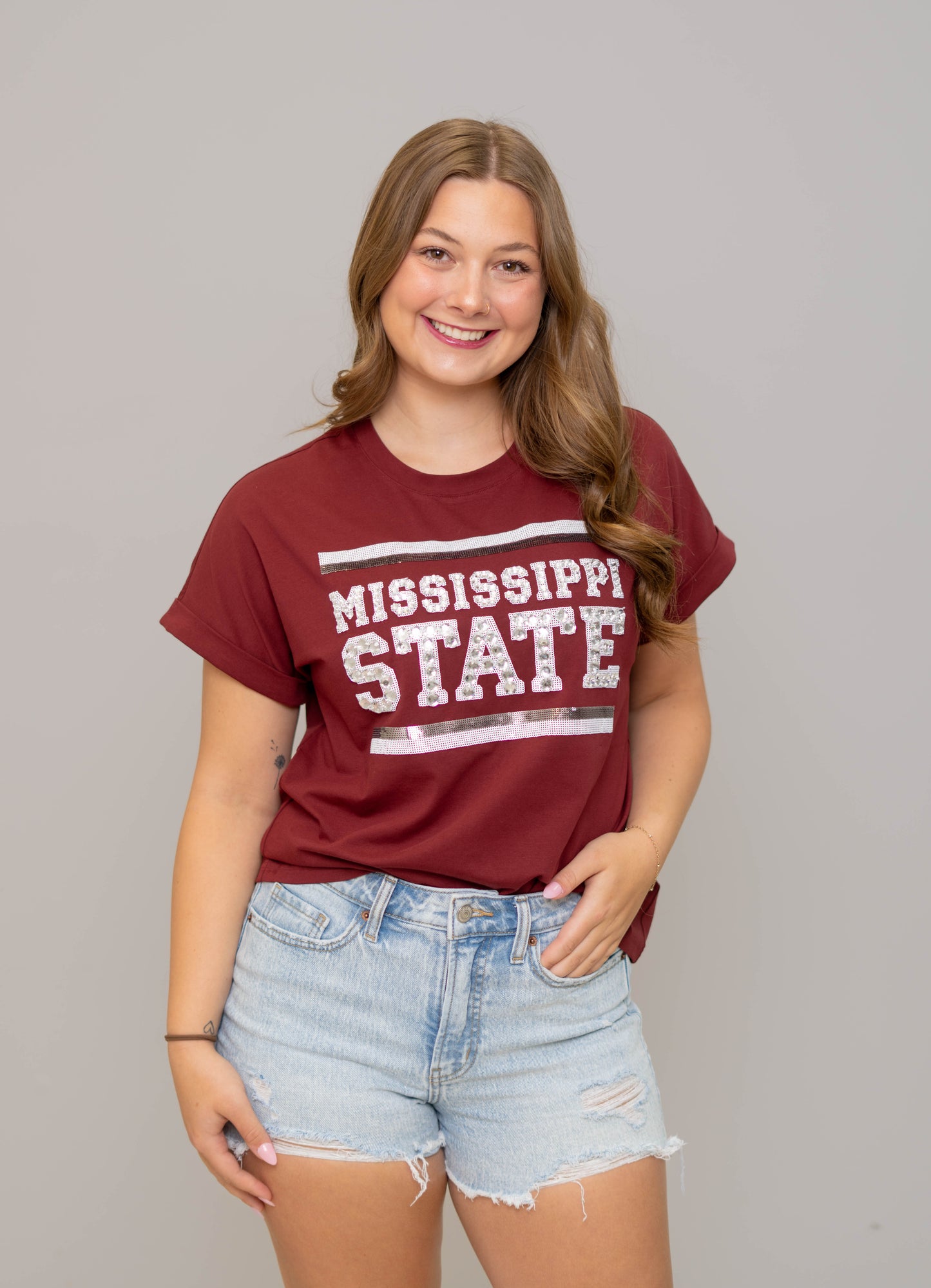 Wholesale | Mississippi State (LICENSED) | Women's Sequin + Jewel Design Cuff Sleeve (Maroon)