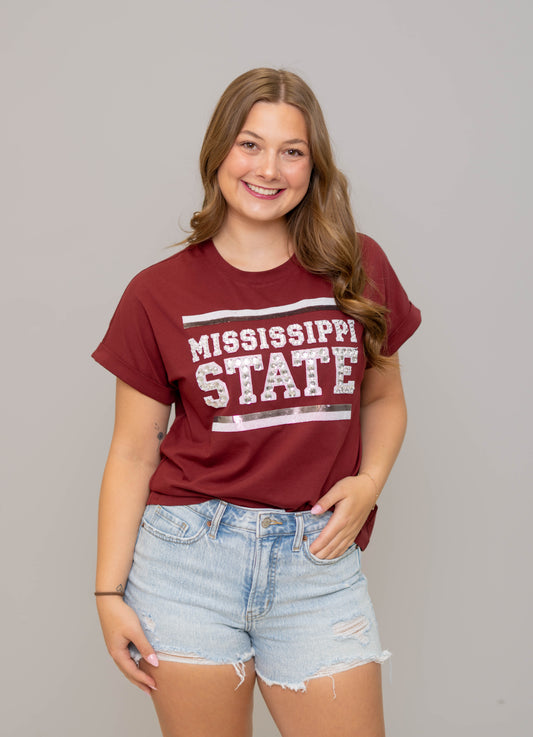 Mississippi State (LICENSED) | Women's Sequin + Jewel Design Cuff Sleeve Tee (Maroon)