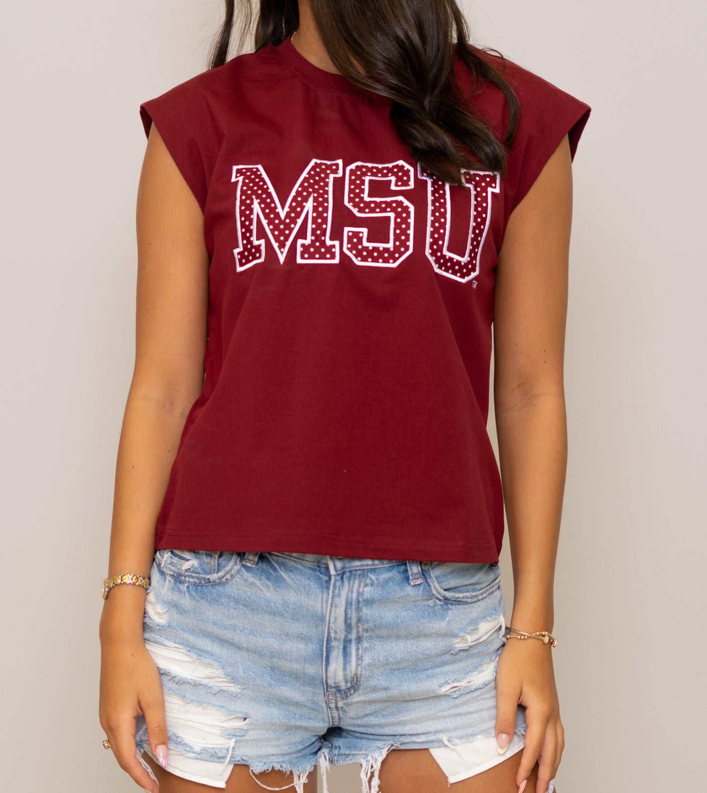 Wholesale | Mississippi State (Licensed) | Women's Polka Dot Appliqué Embroidery Boxy Tank (Maroon)