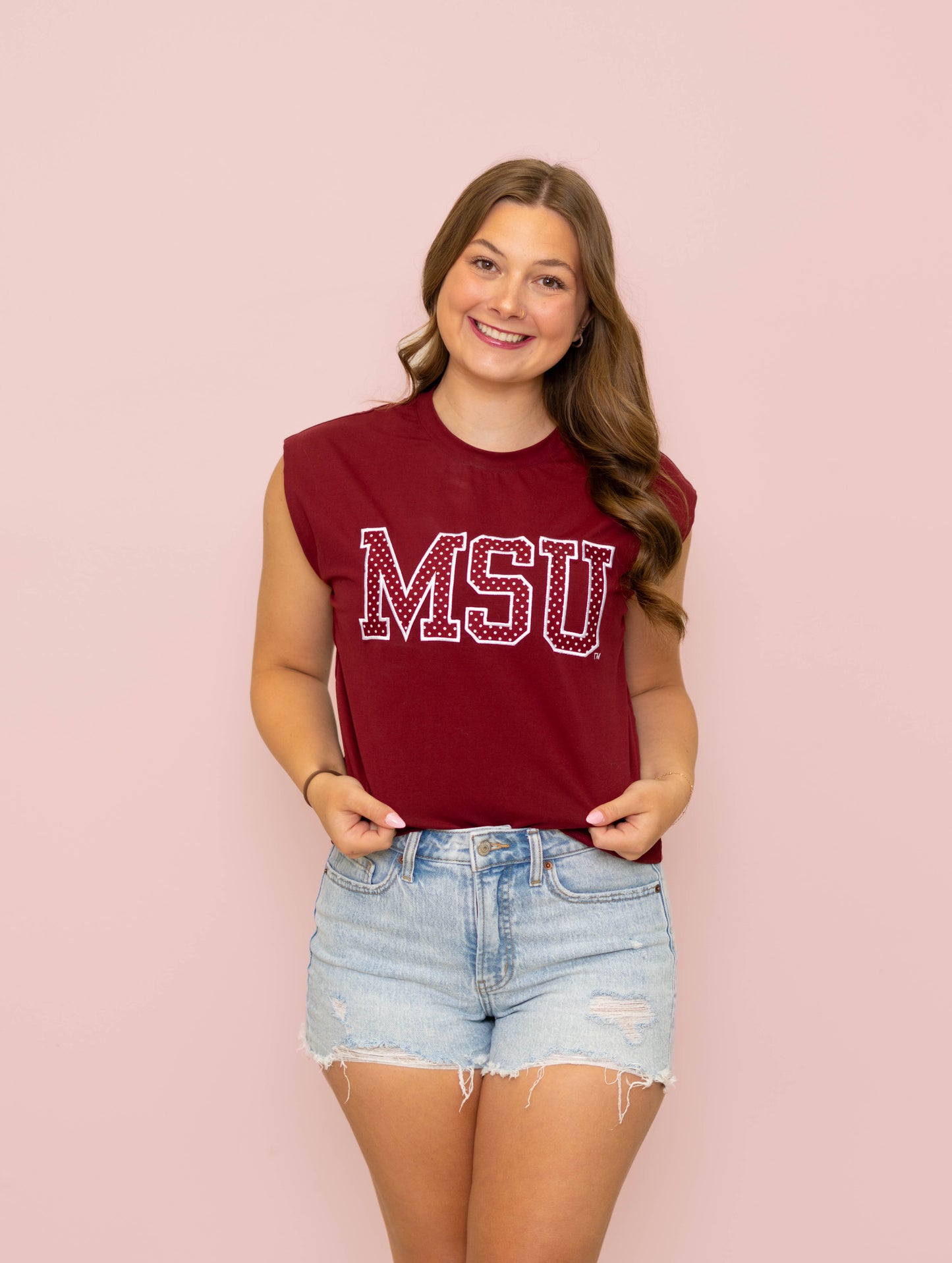 Wholesale | Mississippi State (Licensed) | Women's Polka Dot Appliqué Embroidery Boxy Tank (Maroon)
