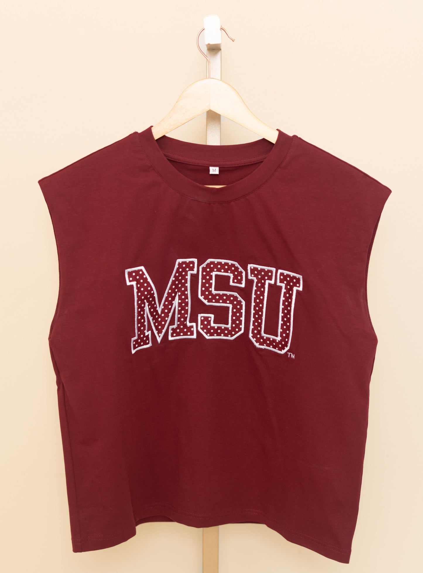 Wholesale | Mississippi State (Licensed) | Women's Polka Dot Appliqué Embroidery Boxy Tank (Maroon)