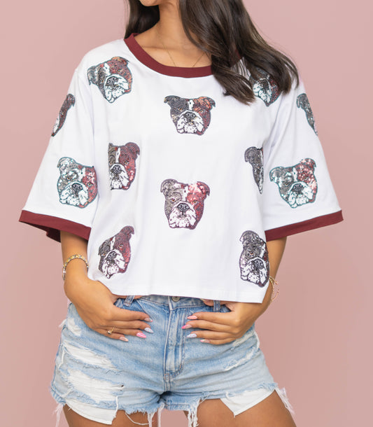 Wholesale | Scattered Maroon Bulldogs | Women's Oversized Scattered Crop Tee (White)