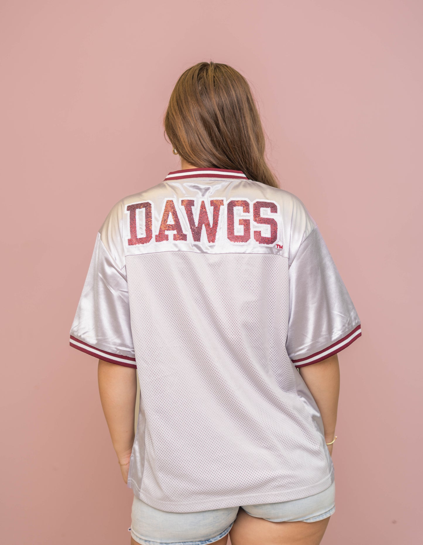 Wholesale | Mississippi State (Licensed) | Women's Sequin Design Football Jersey (Gray)