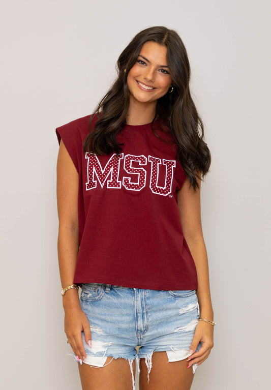 Wholesale | Mississippi State (Licensed) | Women's Polka Dot Appliqué Embroidery Boxy Tank (Maroon)