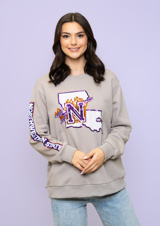 Northwestern State University (Licensed) | Women's Sequin Design Sweatshirt (Grey)