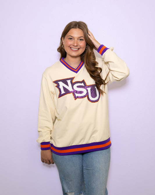 **PRE-ORDER ONLY** Wholesale | Northwestern (Licensed) | Women's Sequin Design Varsity Stripe Pullover (Cream)