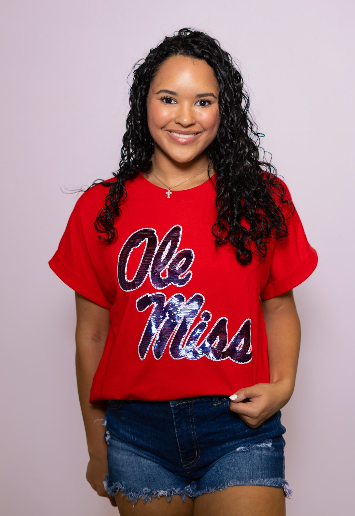 **PRE-ORDER ONLY** Ole Miss (LICENSED) | Women's Sequin Design Cuff Sleeve Tee (Red)