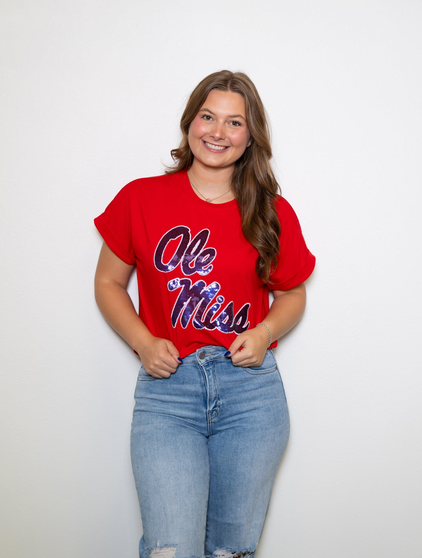 **PRE-ORDER ONLY** Ole Miss (LICENSED) | Women's Sequin Design Cuff Sleeve Tee (Red)