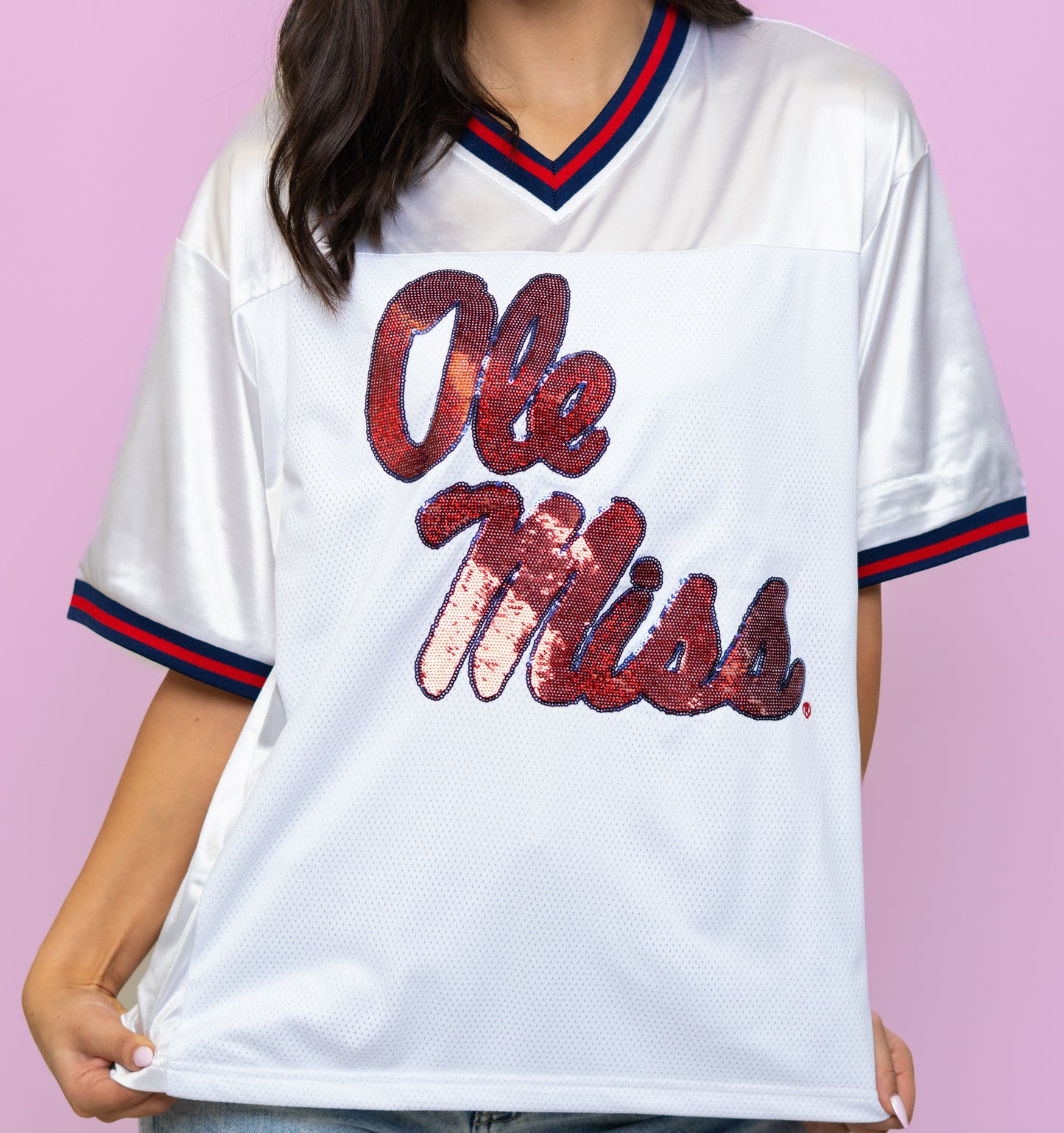 **PRE-ORDER ONLY** Wholesale | Ole Miss (Licensed) | Women's Sequin Design Football Jersey (White)
