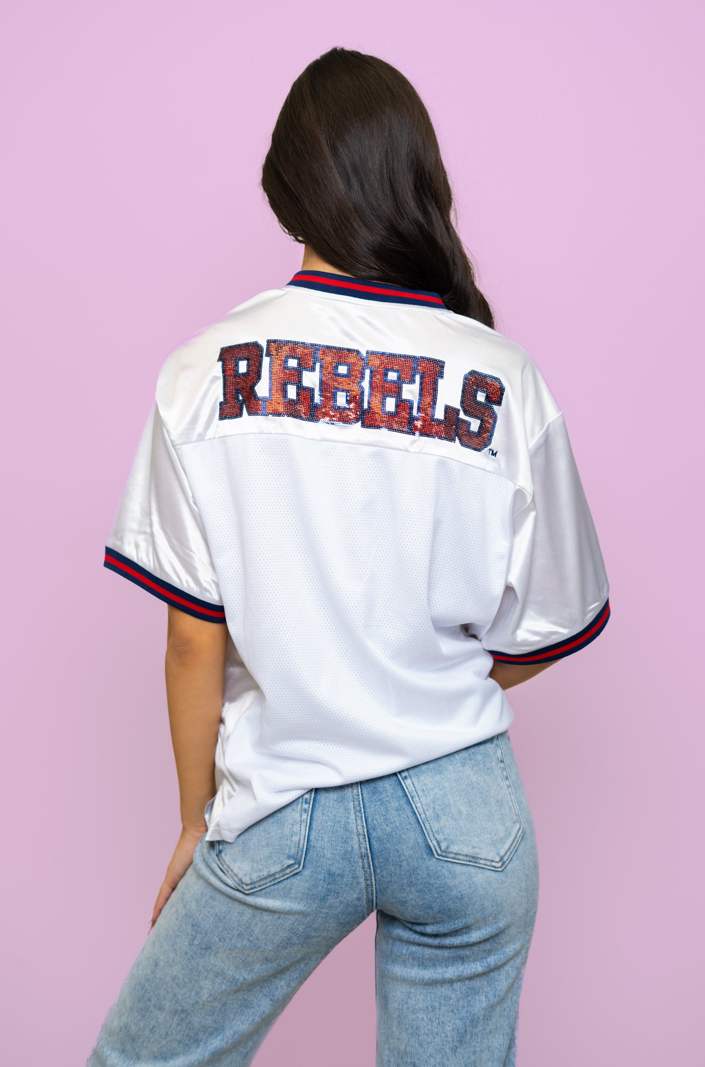 **PRE-ORDER ONLY** Wholesale | Ole Miss (Licensed) | Women's Sequin Design Football Jersey (White)