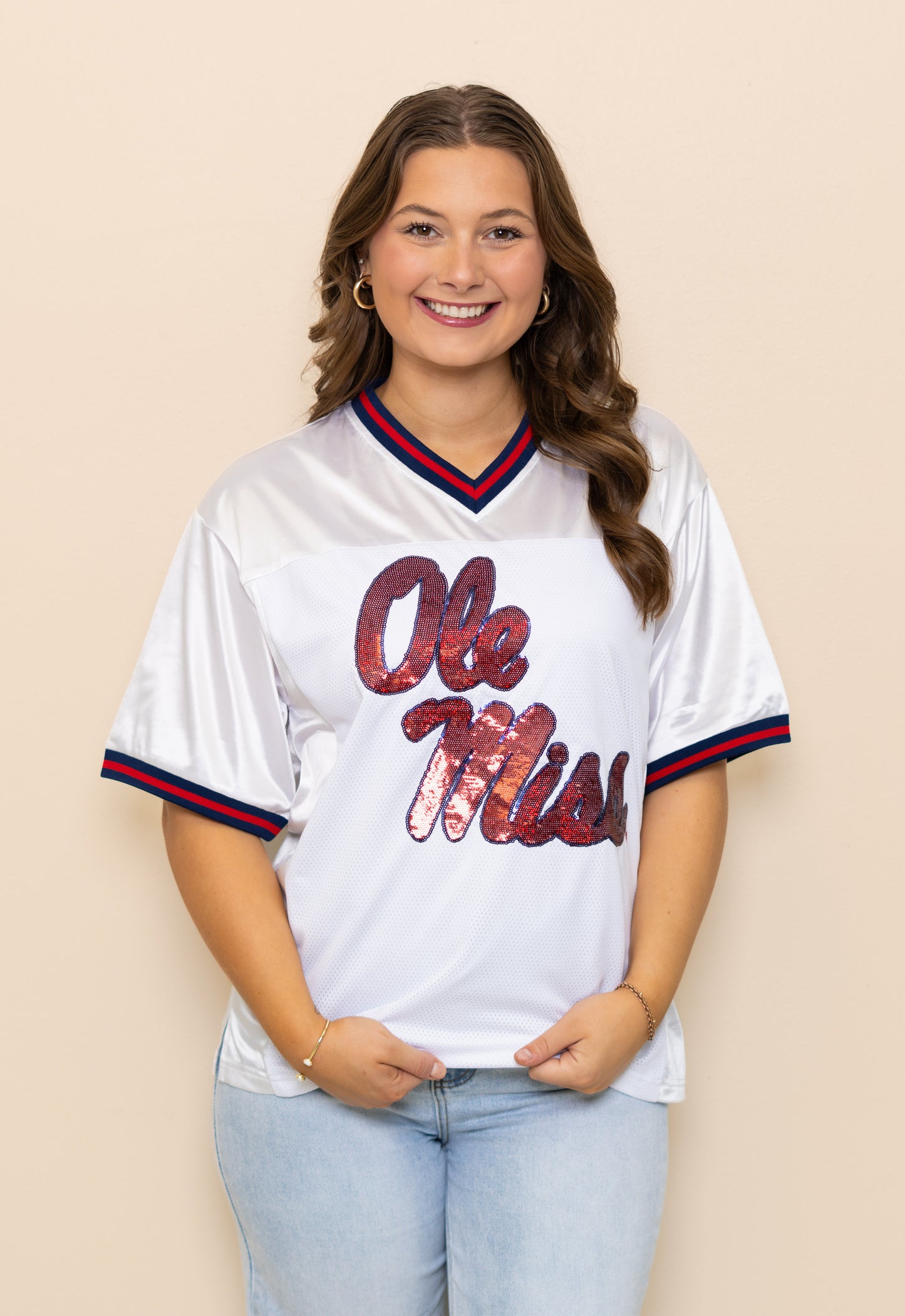 **PRE-ORDER ONLY** Wholesale | Ole Miss (Licensed) | Women's Sequin Design Football Jersey (White)