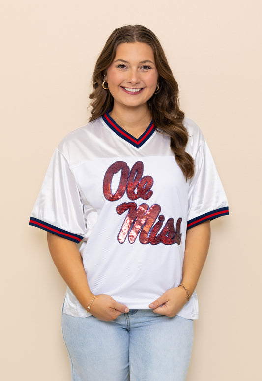 **PRE-ORDER ONLY** Wholesale | Ole Miss (Licensed) | Women's Sequin Design Football Jersey (White)