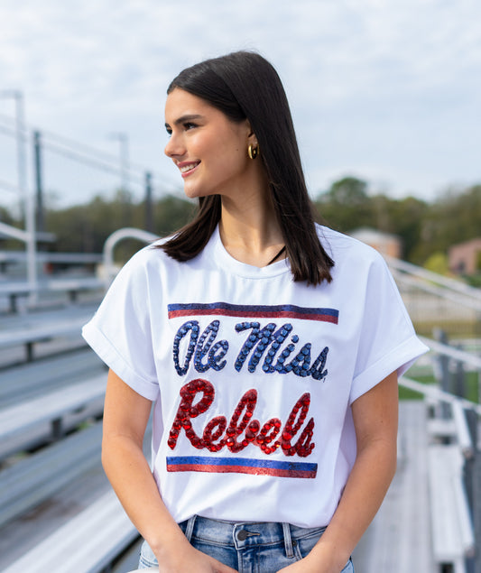 **PRE-ORDER ONLY** Wholesale | Ole Miss (Licensed) | Women's Sequin + Jewel Design Cuff Sleeve (White)