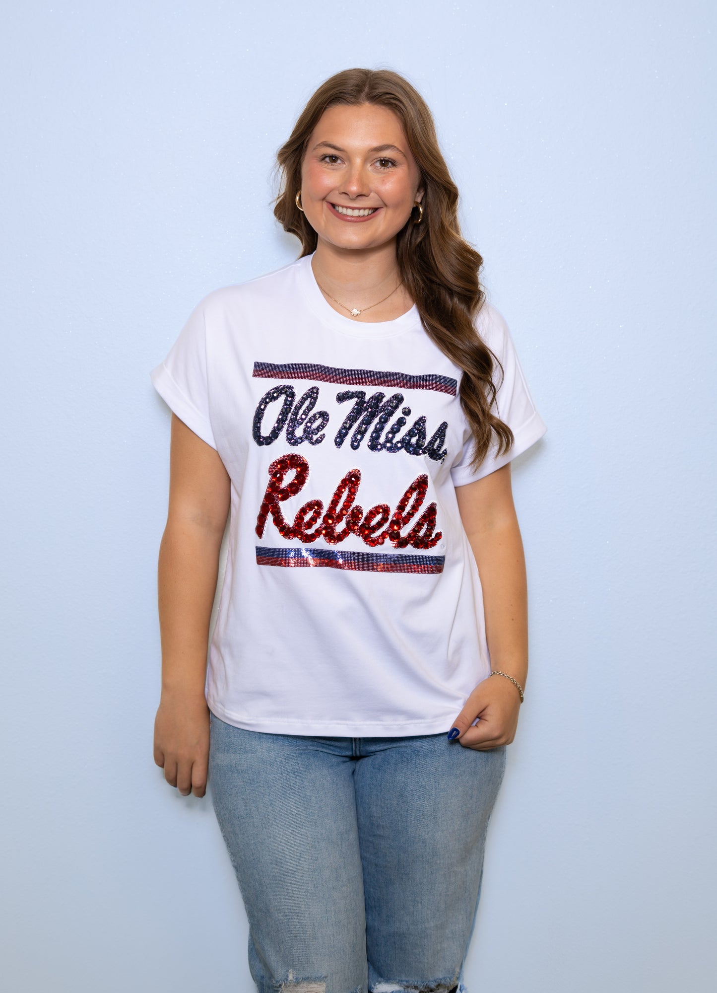 **PRE-ORDER ONLY** Wholesale | Ole Miss (Licensed) | Women's Sequin + Jewel Design Cuff Sleeve (White)