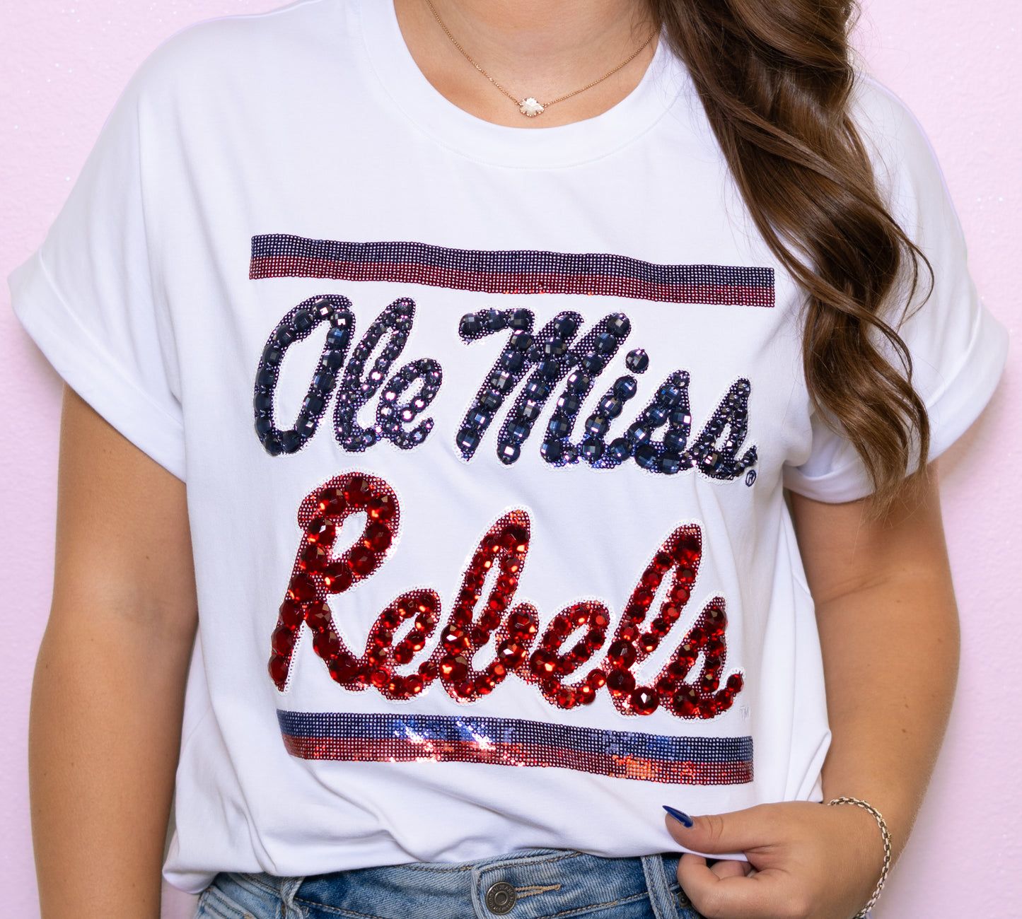 **PRE-ORDER ONLY** Wholesale | Ole Miss (Licensed) | Women's Sequin + Jewel Design Cuff Sleeve (White)