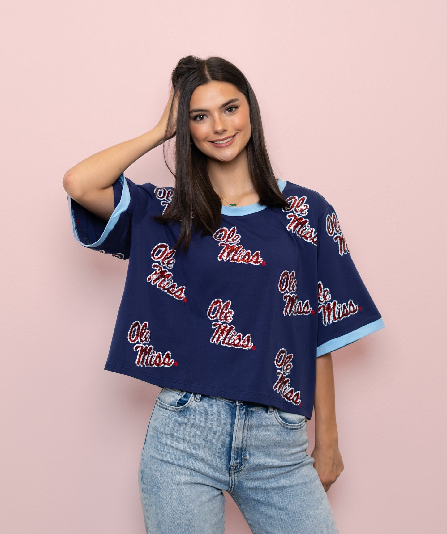 **PRE-ORDER ONLY** Ole Miss (LICENSED) | Women's Oversized Scattered Crop Tee (Navy)