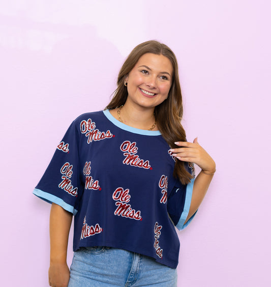 **PRE-ORDER ONLY** Wholesale | Ole Miss (LICENSED) | Women's Oversized Scattered Crop Tee (Navy)