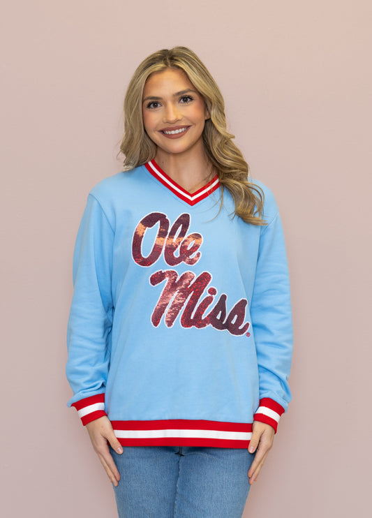 **PRE-ORDER ONLY** Wholesale | Ole Miss (Licensed) | Women's Sequin Design Varsity Stripe Pullover (Blue)