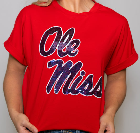**PRE-ORDER ONLY** Ole Miss (LICENSED) | Women's Sequin Design Cuff Sleeve Tee (Red)
