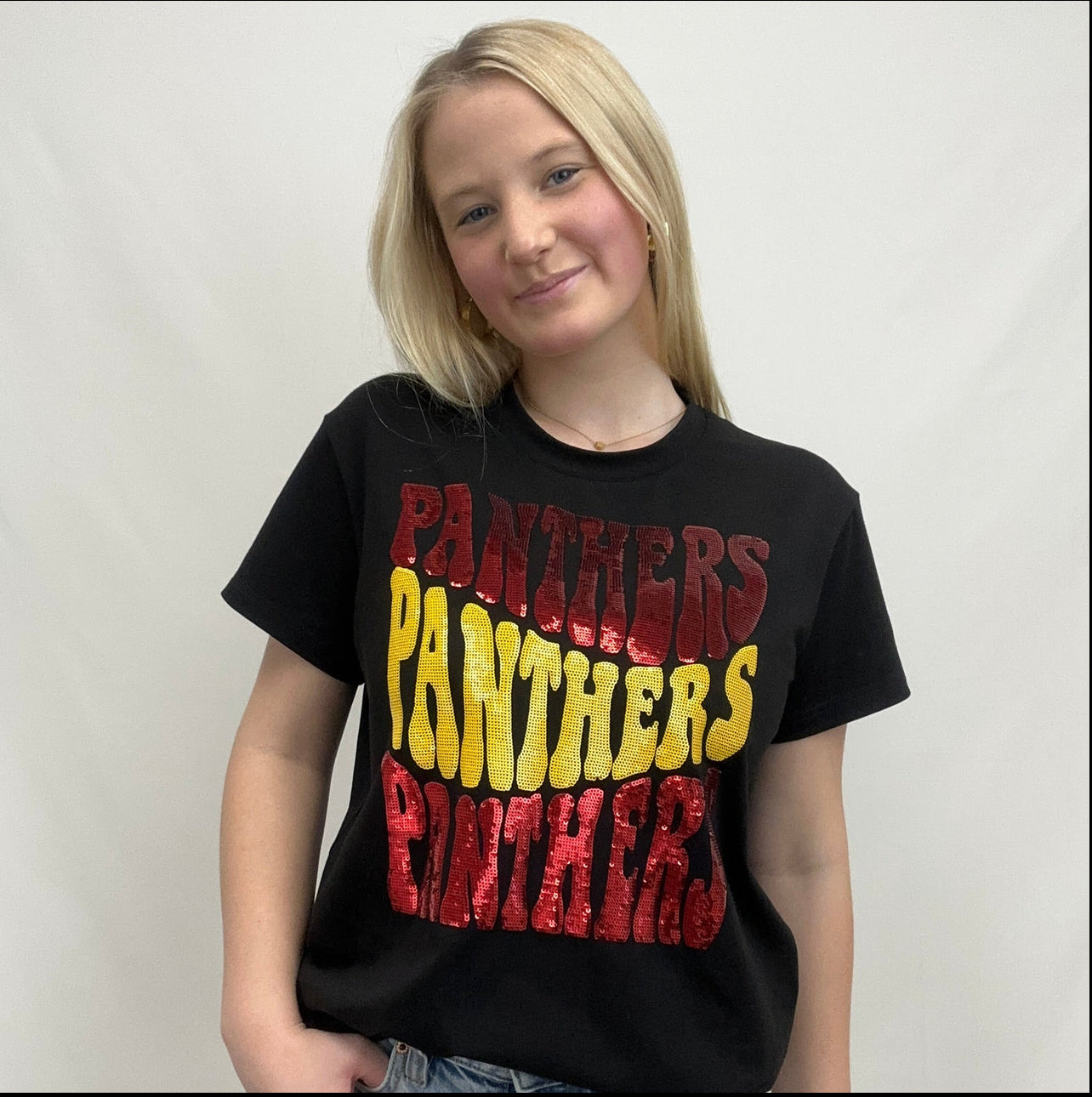 PRE-ORDER ONLY | Groovy Panthers (Brusly) | Women's Sequin Design Tee (Black)
