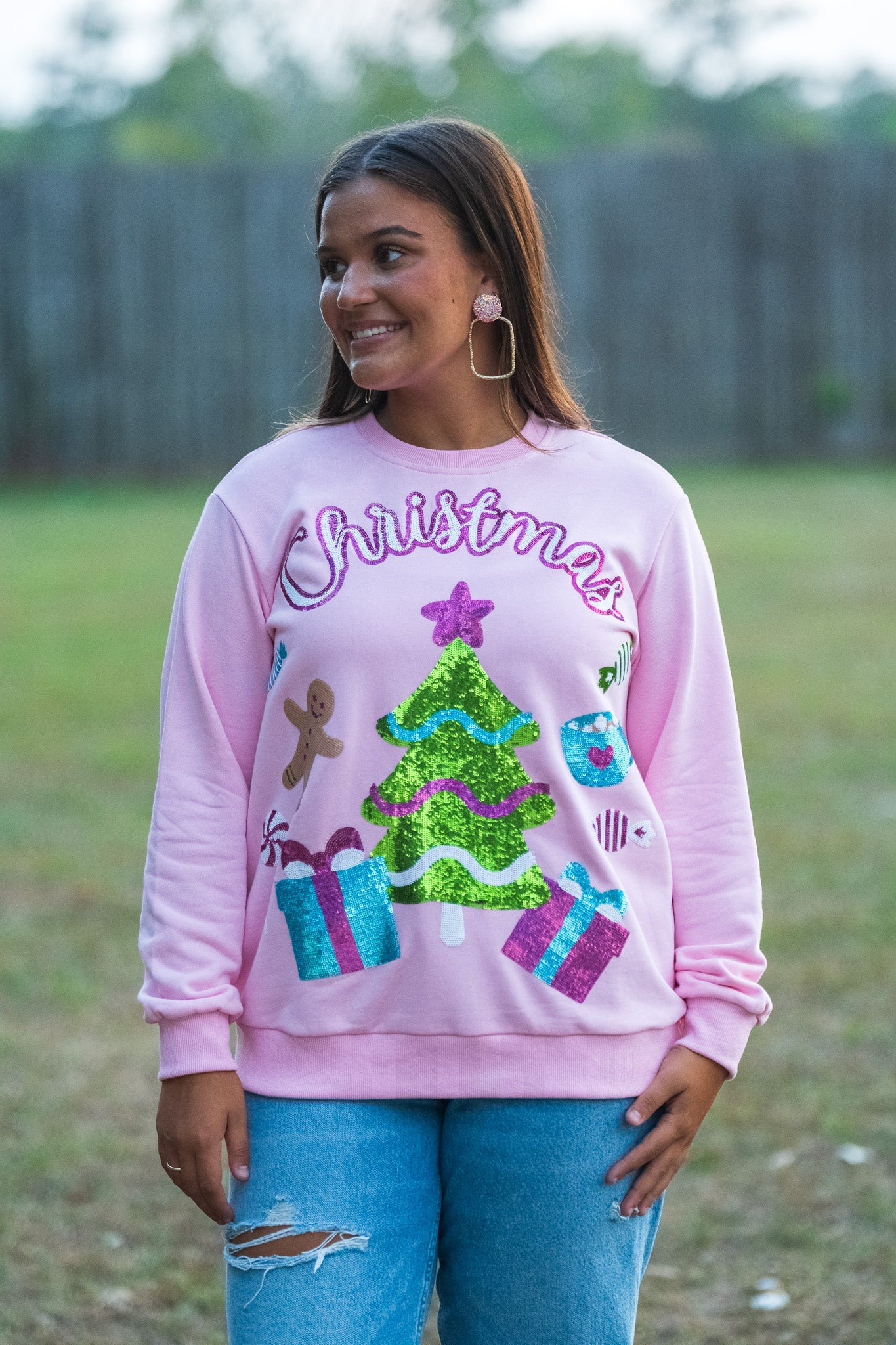 Pink Christmas | Women's Sequin Design Sweatshirt (Pink)