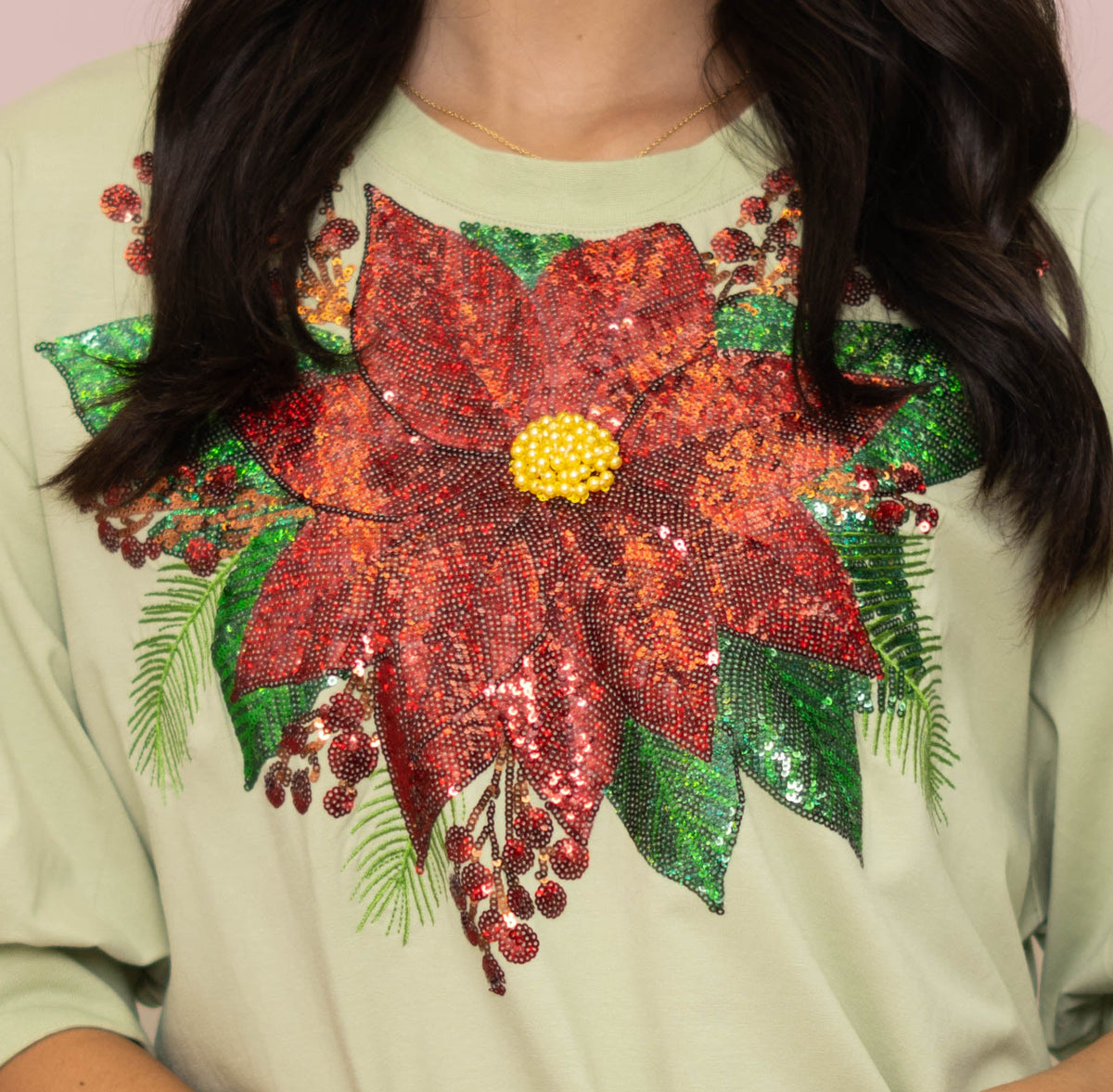 **PRE-ORDER ONLY** Wholesale | Christmas Poinsettia | Women's Sequin Design Half Sleeve Banded Tee (Green)