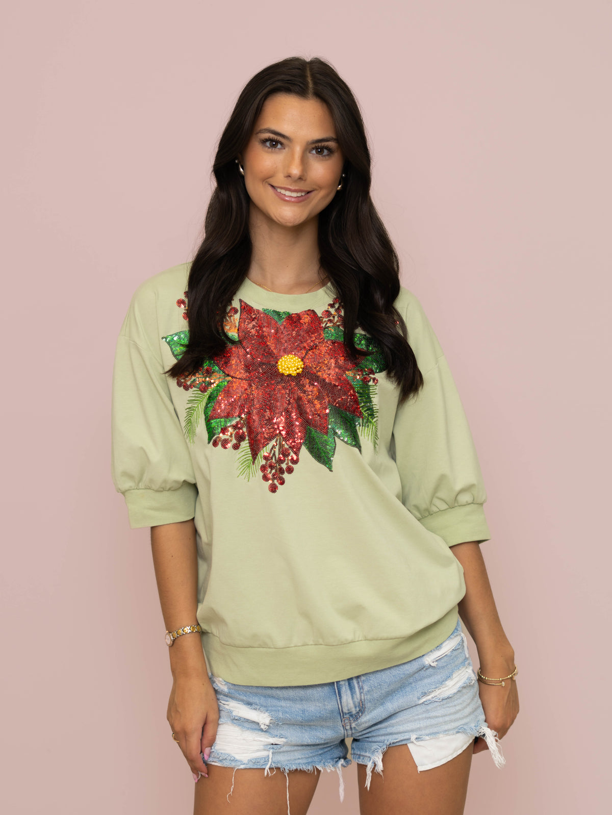 **PRE-ORDER ONLY** Wholesale | Christmas Poinsettia | Women's Sequin Design Half Sleeve Banded Tee (Green)