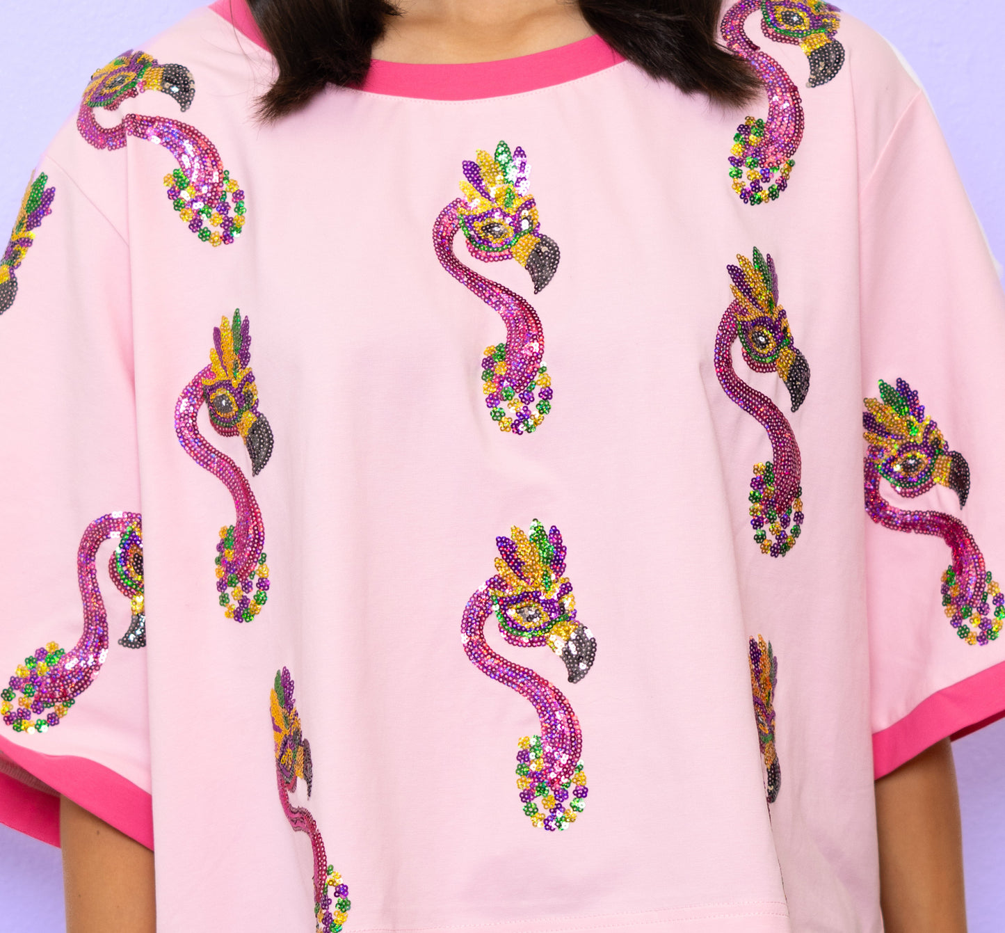 **PRE-ORDER ONLY** Scattered Mardi Gras Flamingos | Women's Sequin Design Oversized Tee (Pink)