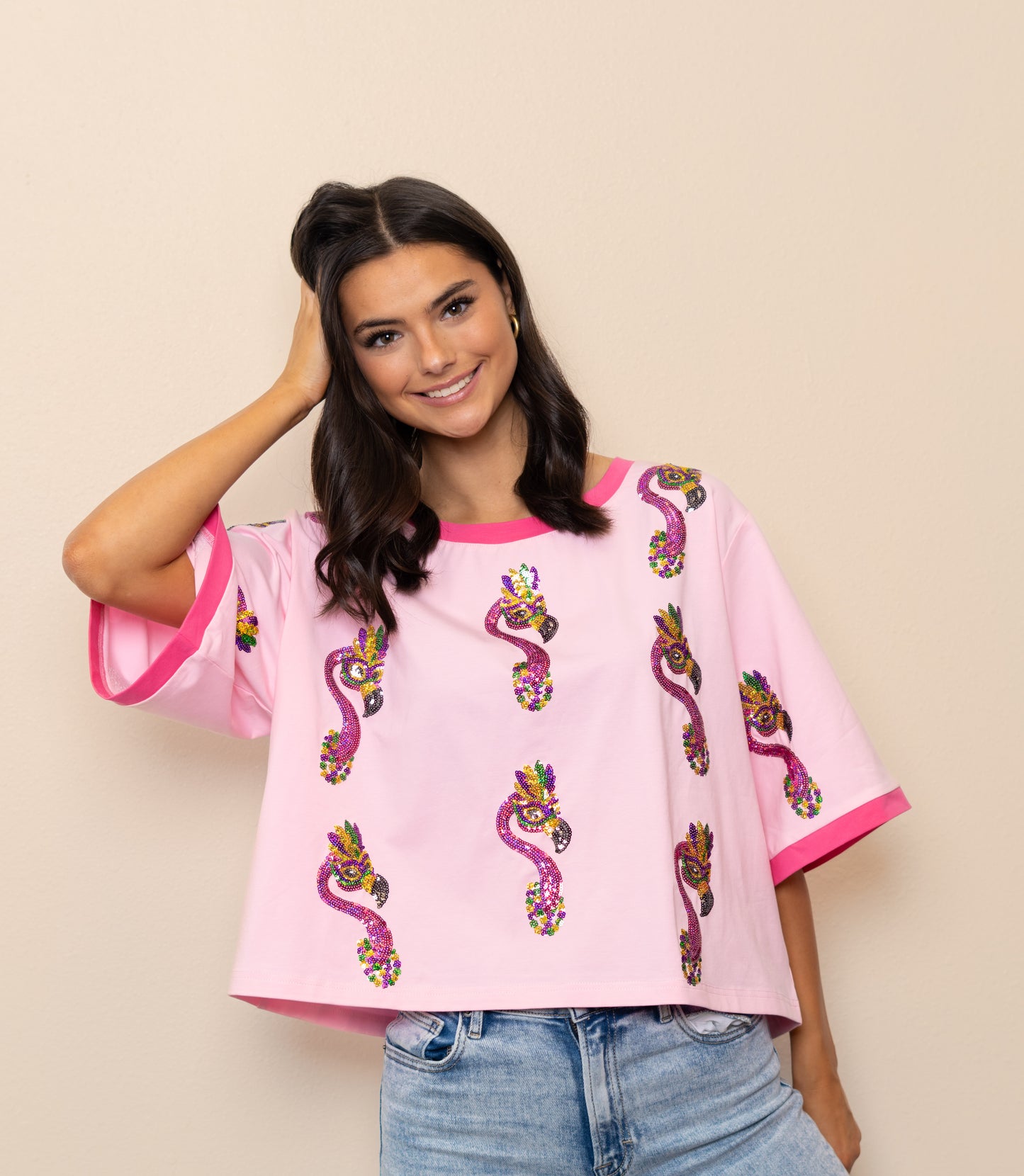 **PRE-ORDER ONLY** Scattered Mardi Gras Flamingos | Women's Sequin Design Oversized Tee (Pink)