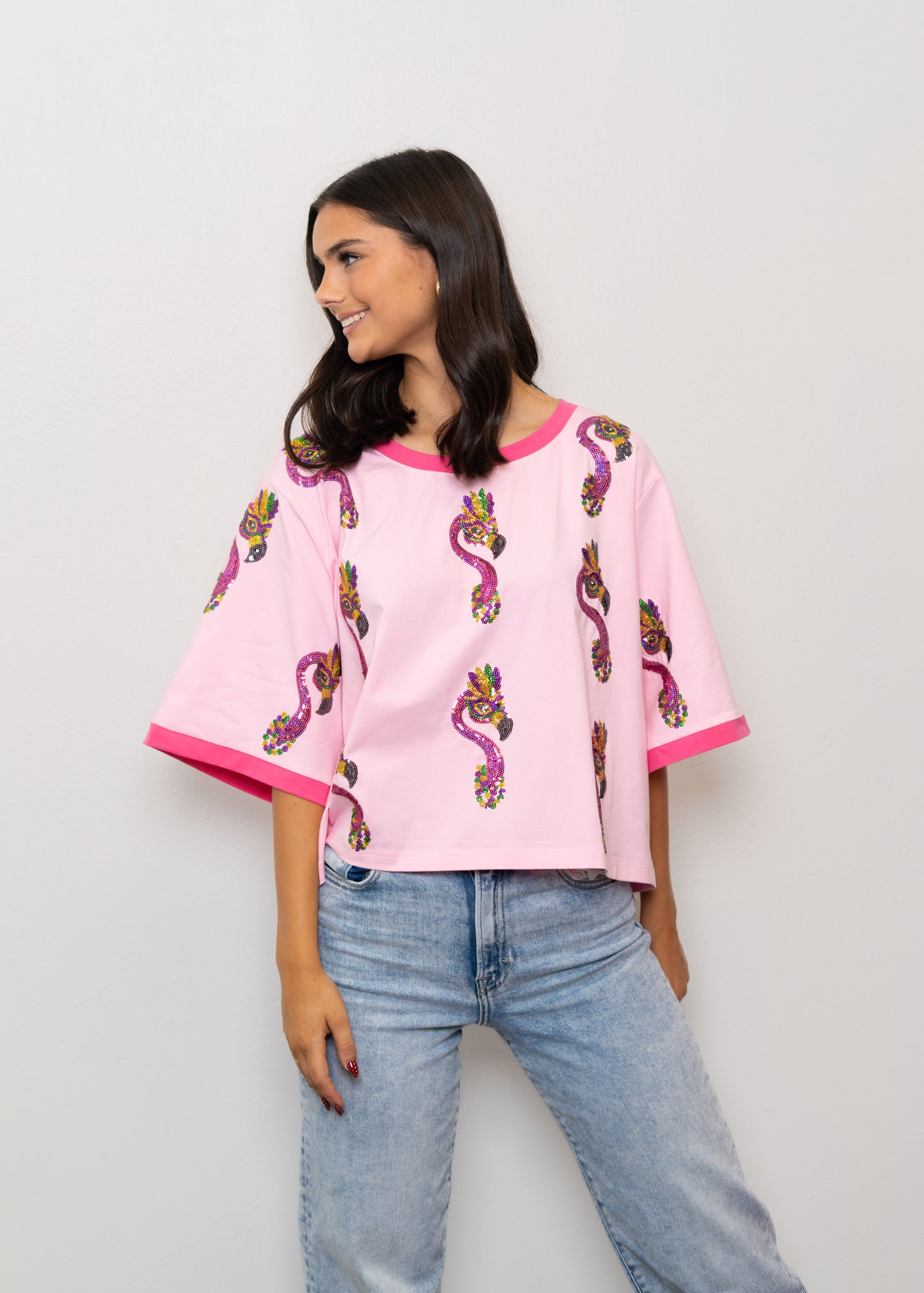**PRE-ORDER ONLY** Scattered Mardi Gras Flamingos | Women's Sequin Design Oversized Tee (Pink)