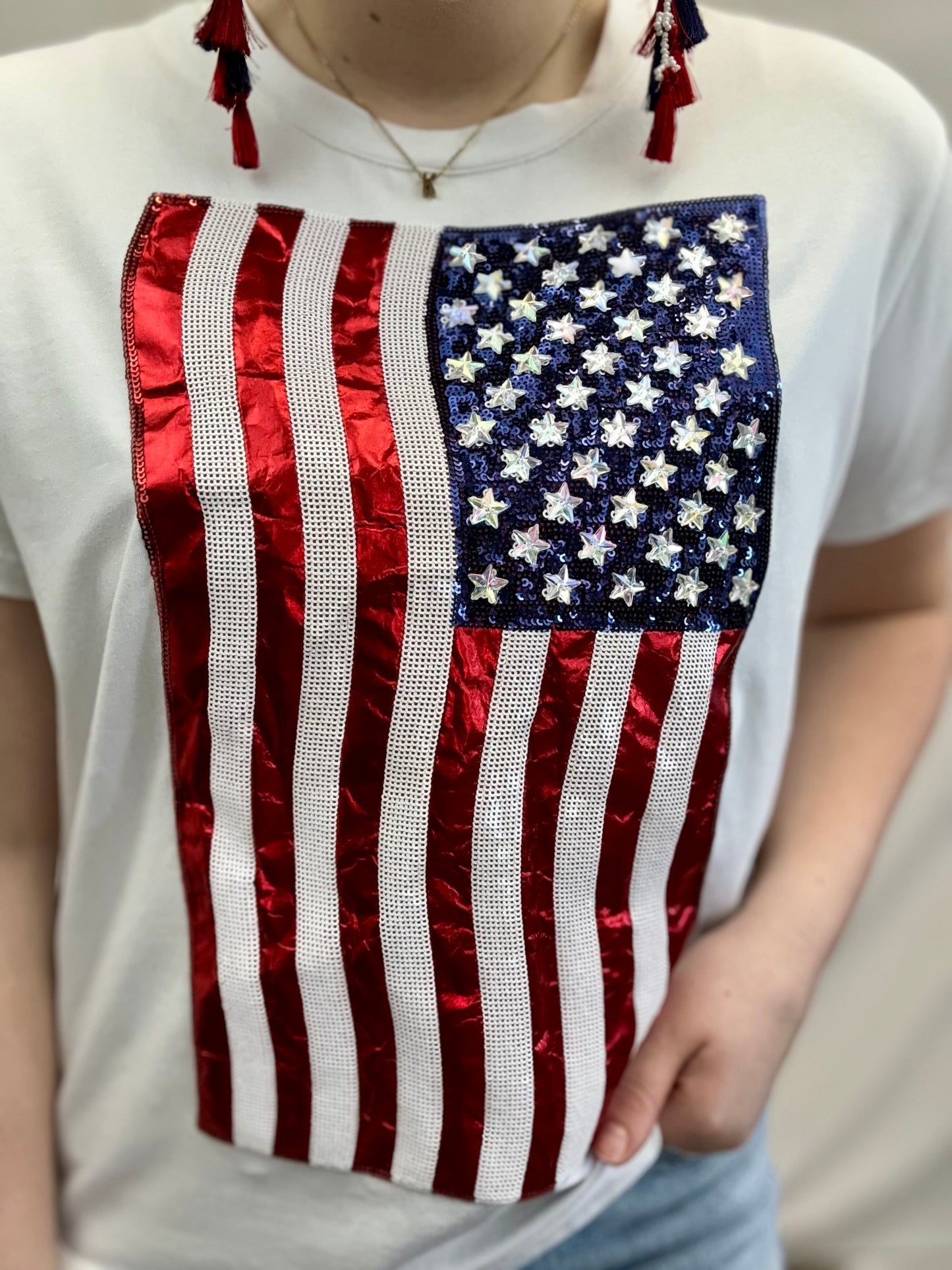 USA American Flag Tee | Women's Sequin + Metallic Embroidery Tee (White)