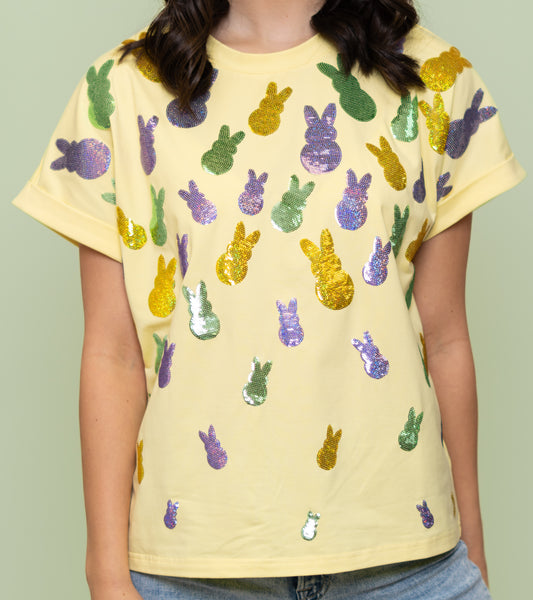 Scattered Bunnies | Women's Sequin Design Cuff Sleeve Tee (Yellow)