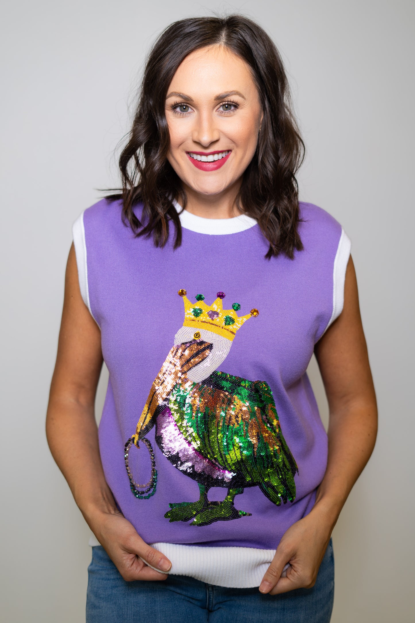 **PRE-ORDER ONLY** Mardi Gras Pelican | Women's Sequin Design Sleeveless Sweater (Purple)