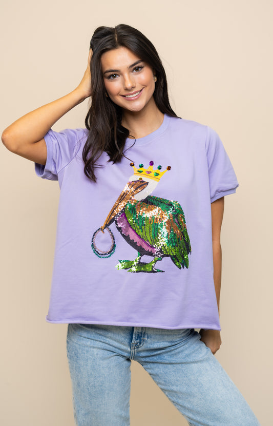 Mardi Gras Pelican | Women's Sequin Design Raw Hem Top (Lavender)