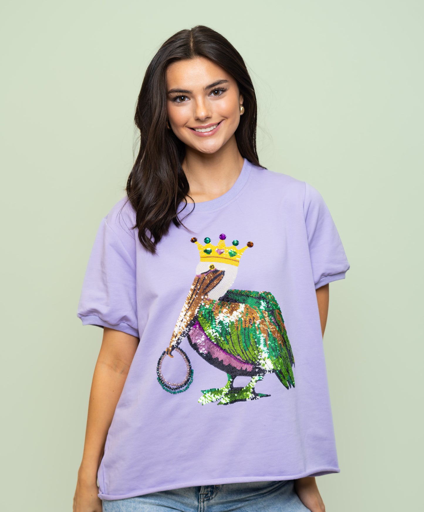Mardi Gras Pelican | Women's Sequin Design Raw Hem Top (Lavender)