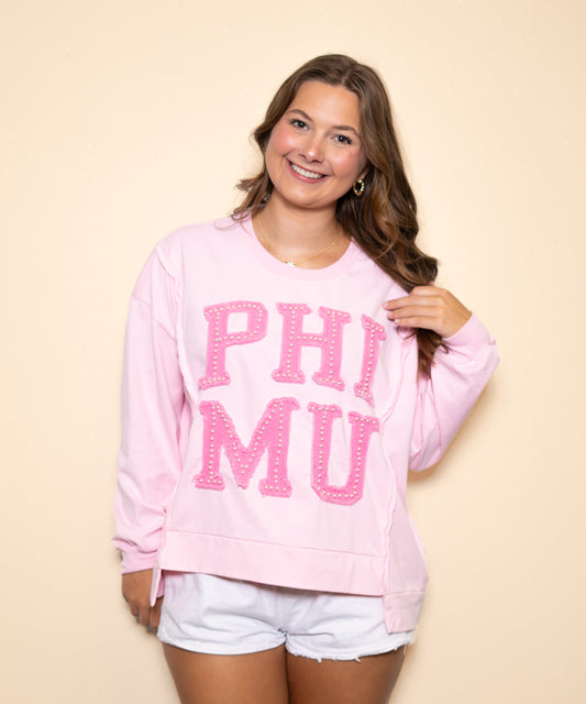 **PRE-ORDER** Phi Mu (Licensed Greek) | Women's Distressed Embroidery Sweatshirt (Pink)