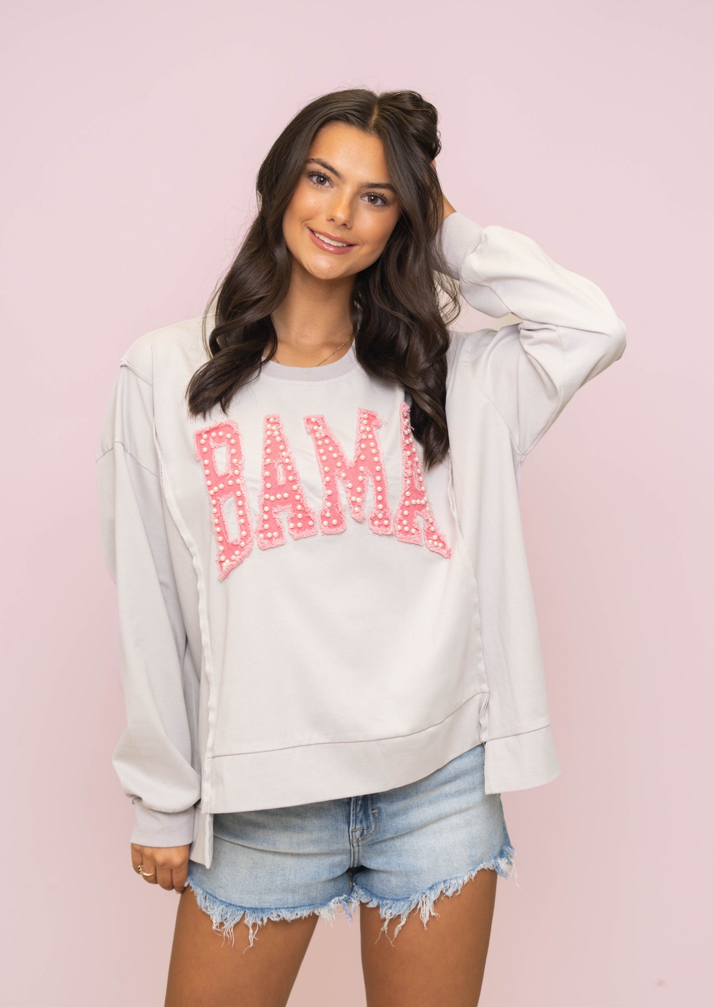 Wholesale | Bama (LICENSED) | Women's Distressed Embroidery + Pearl Pullover (Light Grey)