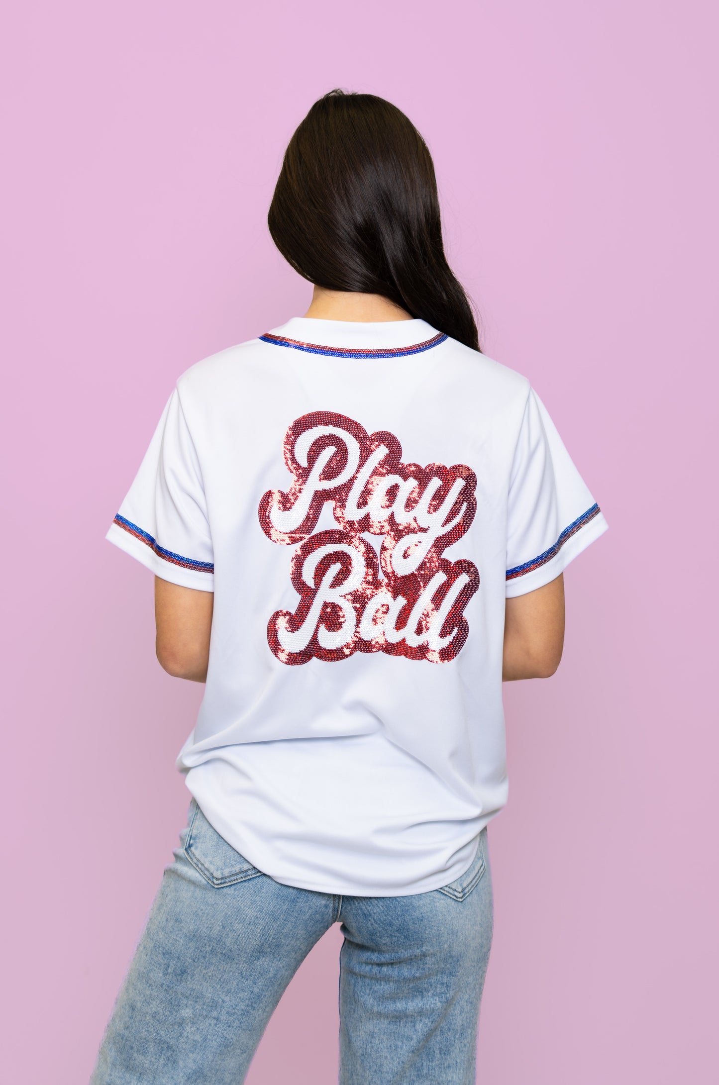 Play Ball Jersey | Women's Sequin Embroidery Baseball Jersey (White)