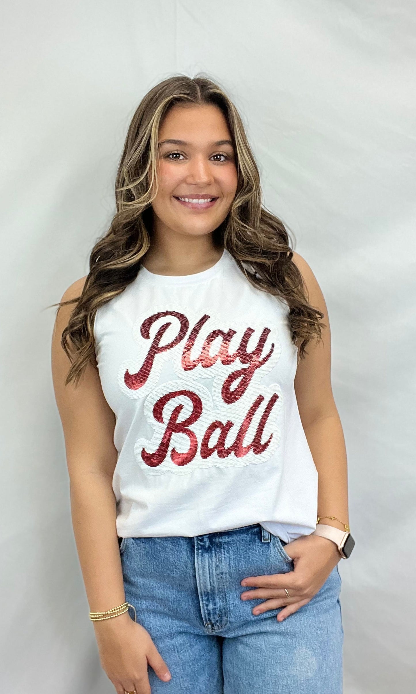 Play Ball | Women's Sequin + Metallic Embroidery Tank (White)