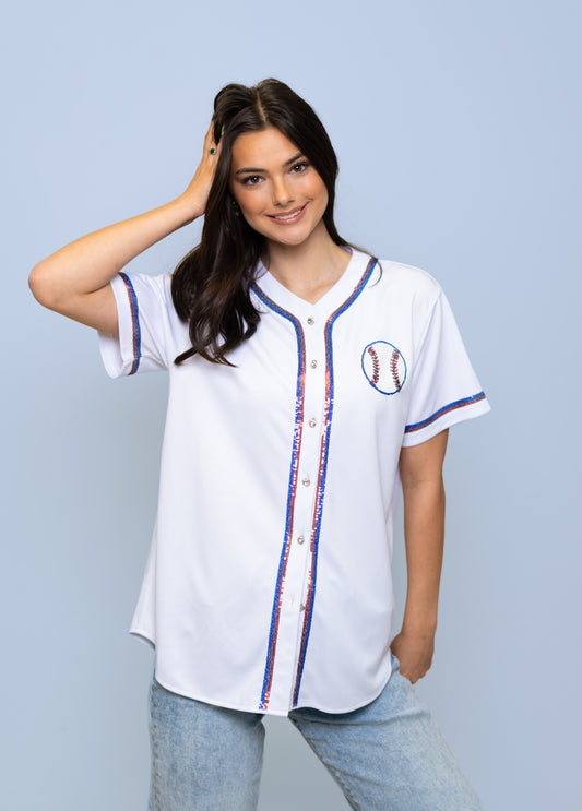 Play Ball Jersey | Women's Sequin Embroidery Baseball Jersey (White)