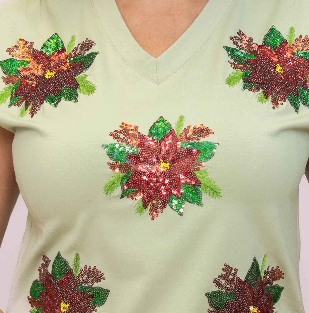 **PRE-ORDER ONLY** Wholesale | Scattered Poinsettias | Women's Sequin Design Midi (Green)