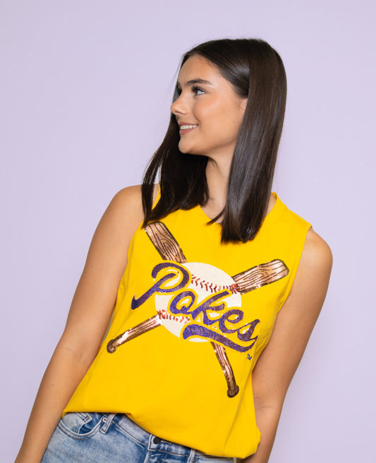 **PRE-ORDER ONLY** Wholesale | McNeese Pokes Criss-Cross Baseball Bats (LICENSED) | Women's Sequin Design Tank (Yellow)