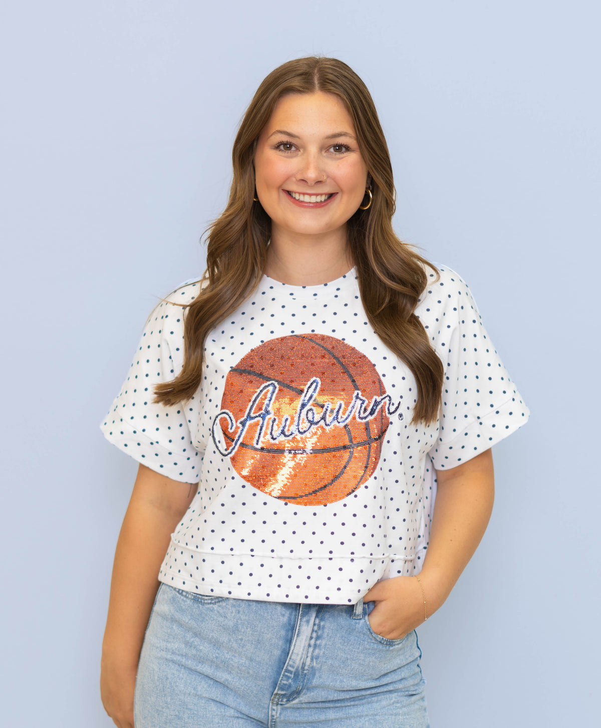 **PRE-ORDER ONLY** Wholesale | Auburn Basketball (Licensed) | Polka Dot Exposed Seam Crop (Navy Polka Dot)