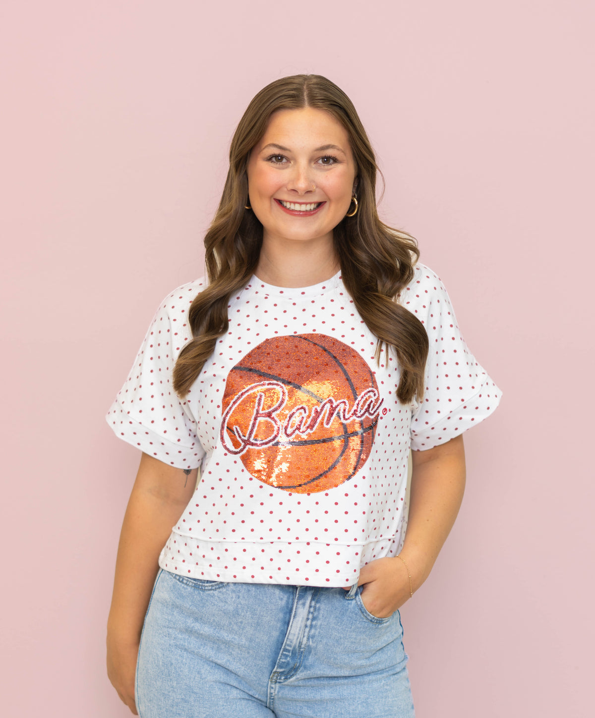**PRE-ORDER ONLY** Wholesale | Alabama Basketball (Licensed) | Polka Dot Exposed Seam Crop (Crimson Polka Dot)